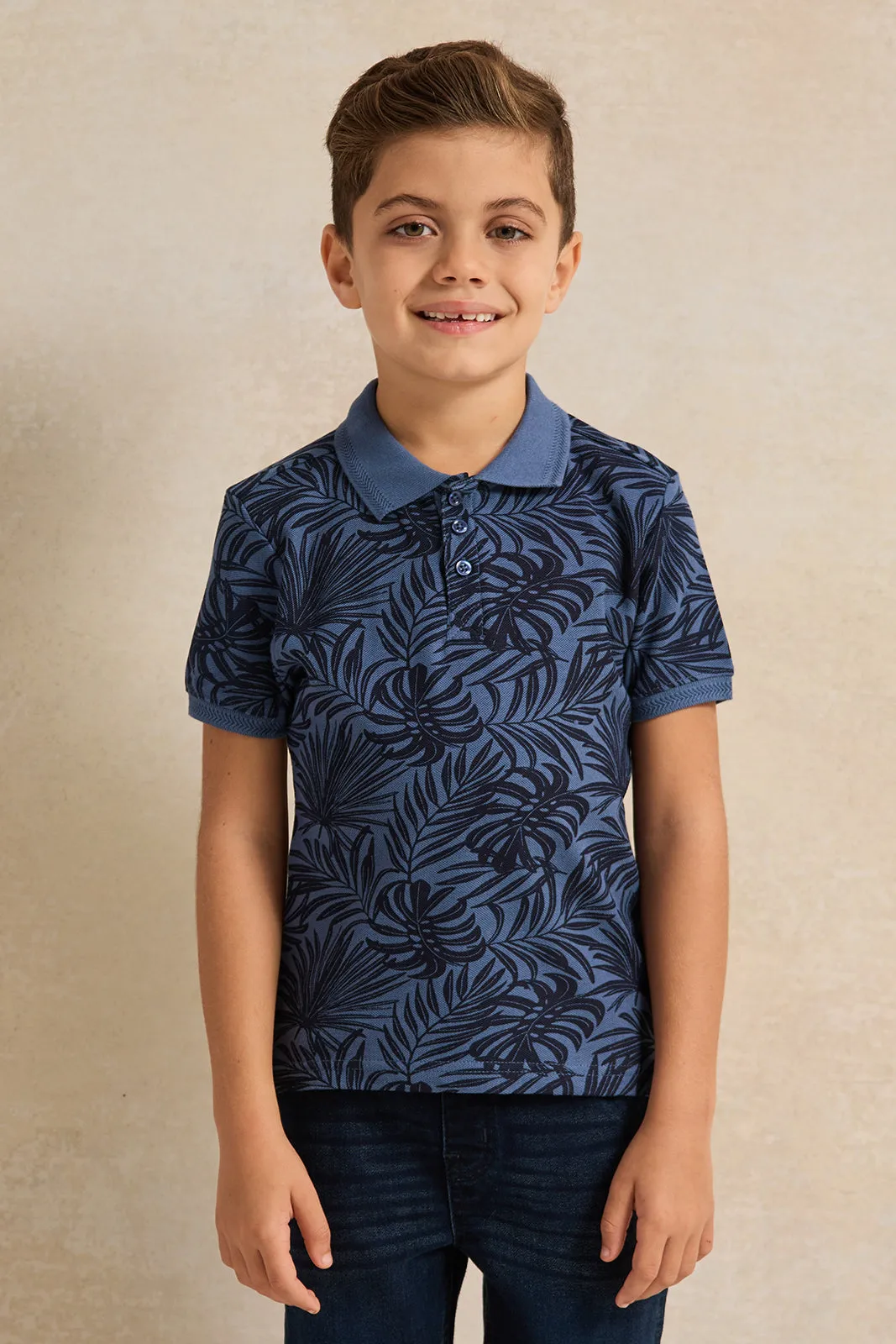 Boys Blue Printed Polo Shirt