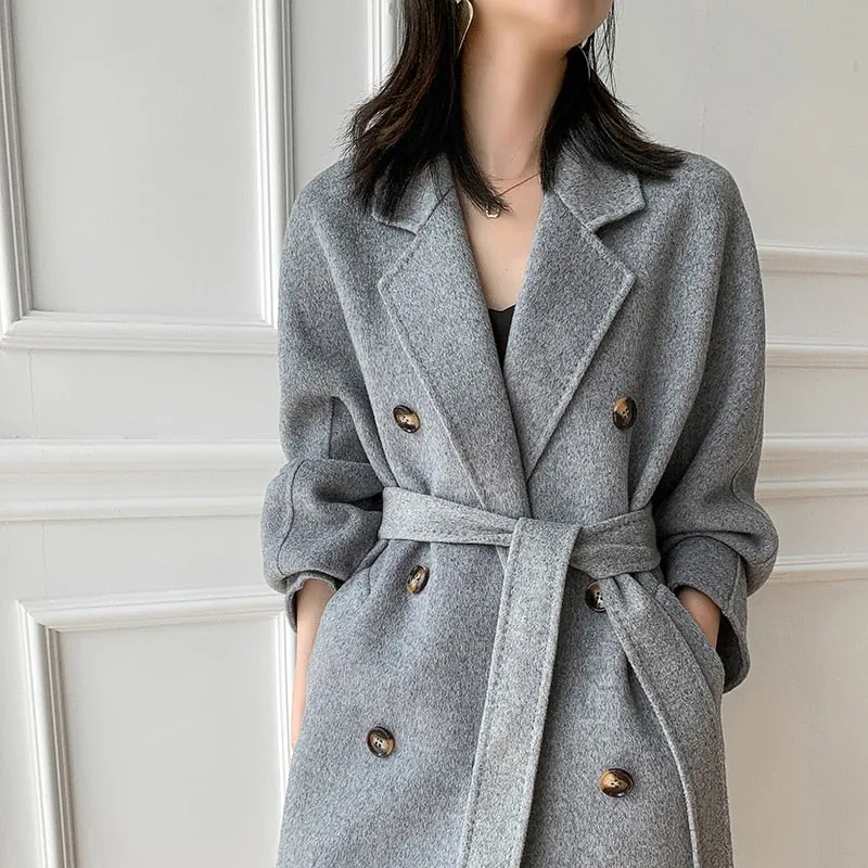 Cashmere Double-Sided Wool Long Coat Quality Thick Winter Coat for Women with Belt