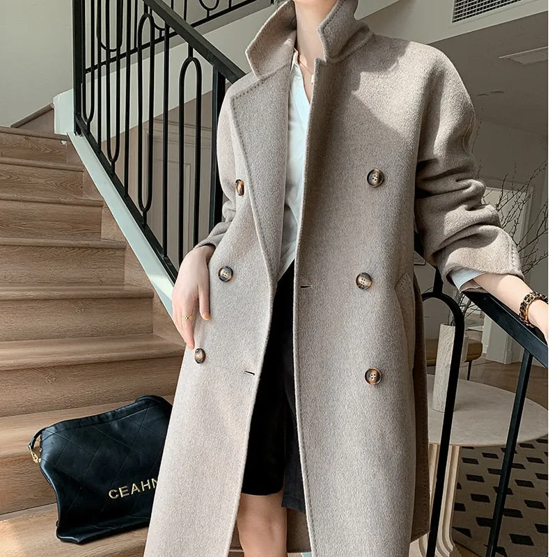 Cashmere Double-Sided Wool Long Coat Quality Thick Winter Coat for Women with Belt