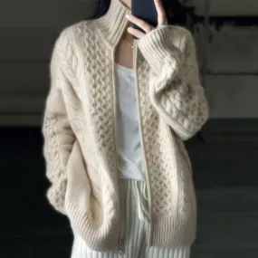 Cashmere Knitted Wool Cardigan for Women Thick Turtleneck Loose Oversize Wool Sweater