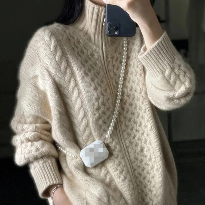 Cashmere Knitted Wool Cardigan for Women Thick Turtleneck Loose Oversize Wool Sweater