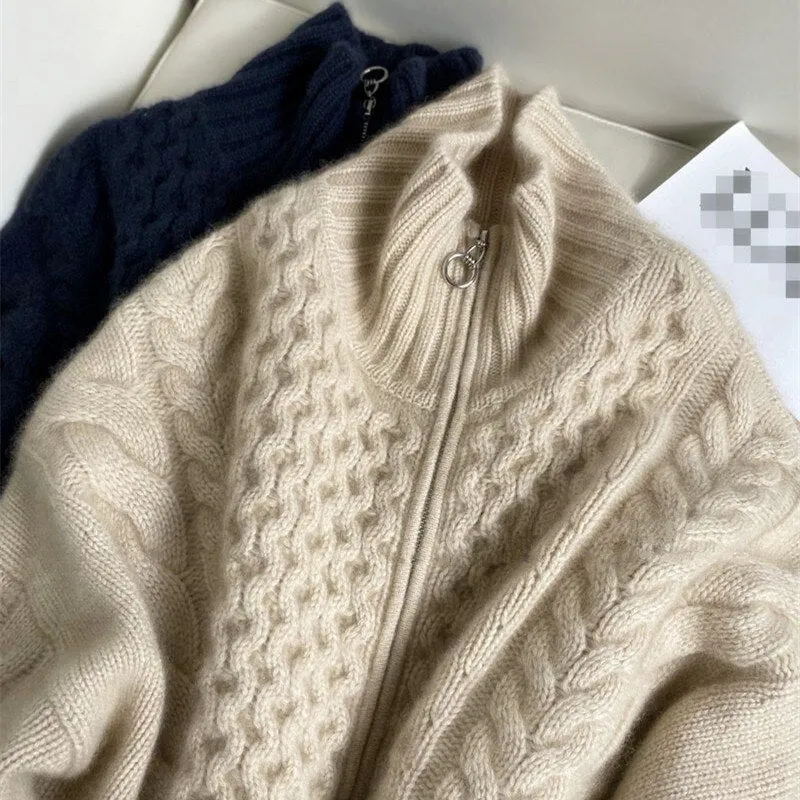 Cashmere Knitted Wool Cardigan for Women Thick Turtleneck Loose Oversize Wool Sweater