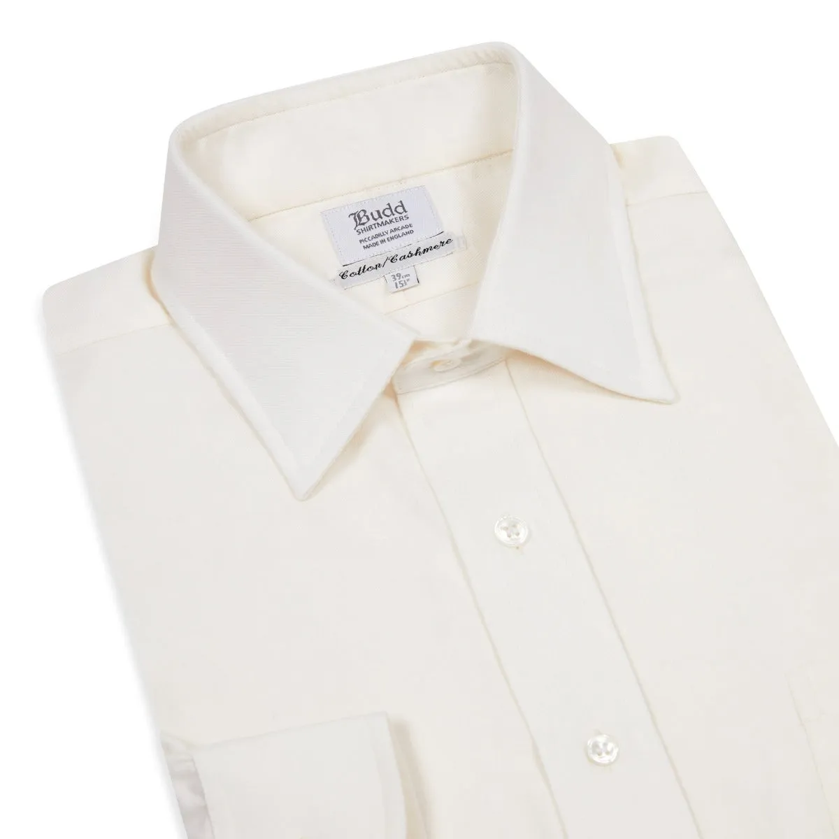 Classic Fit Plain Cotton and Cashmere Button Cuff Shirt in Cream