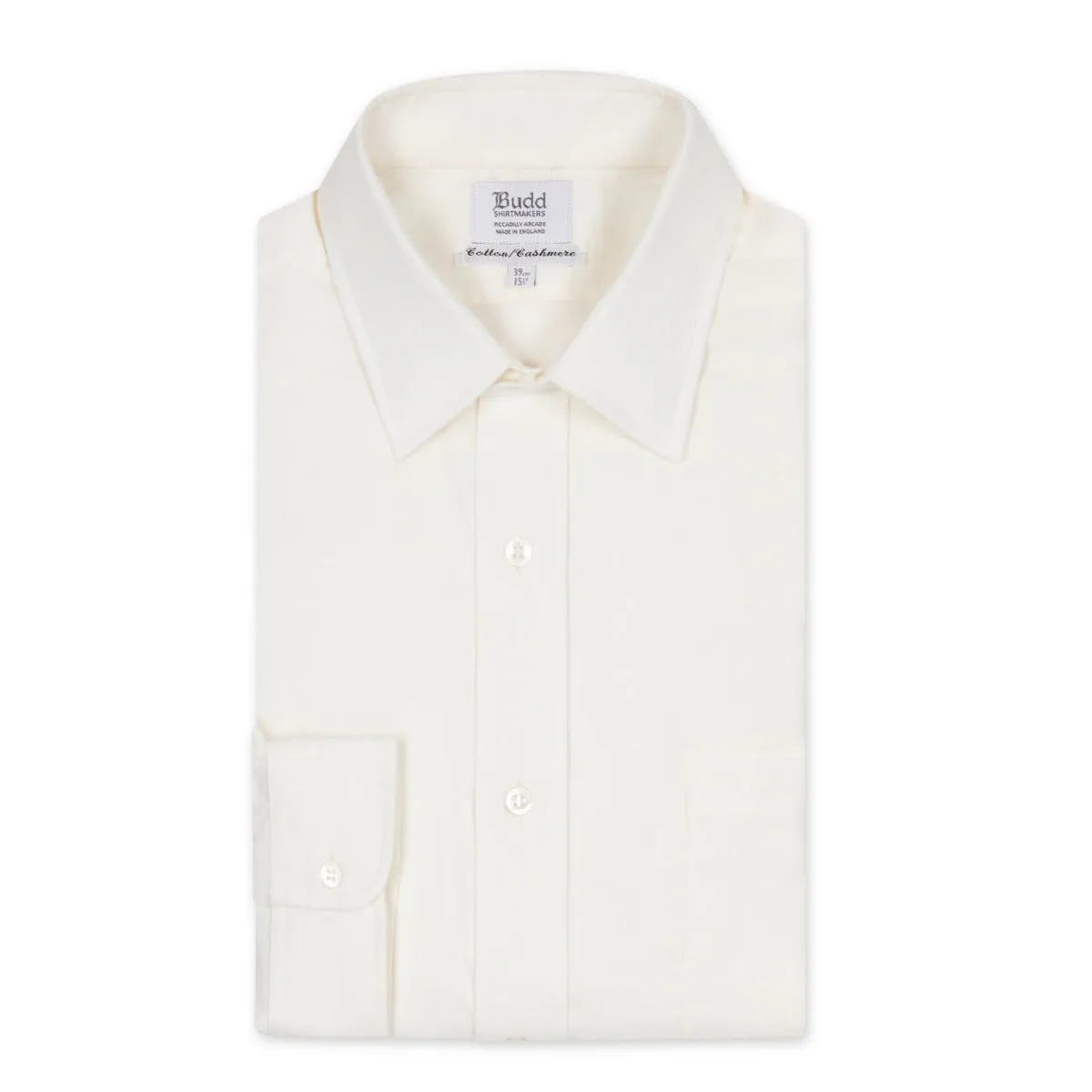 Classic Fit Plain Cotton and Cashmere Button Cuff Shirt in Cream