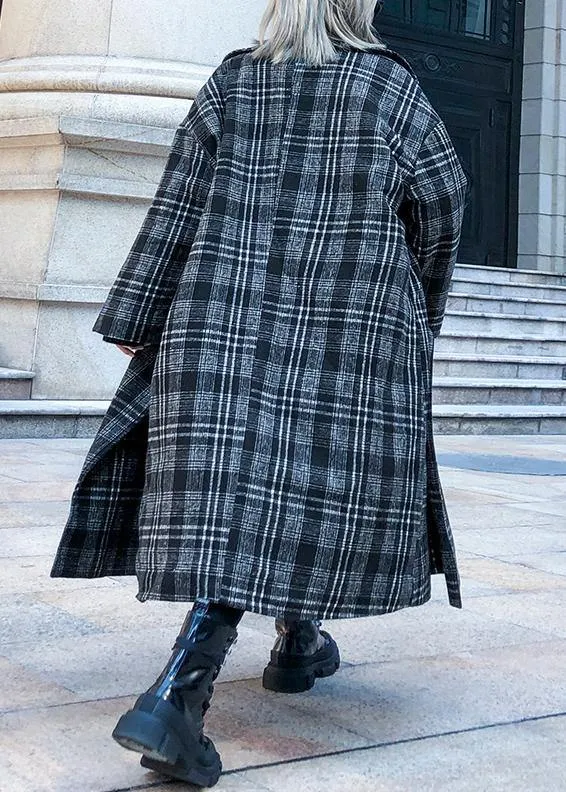 Elegant gray plaid Woolen Coat Women plus size Notched pockets long coats