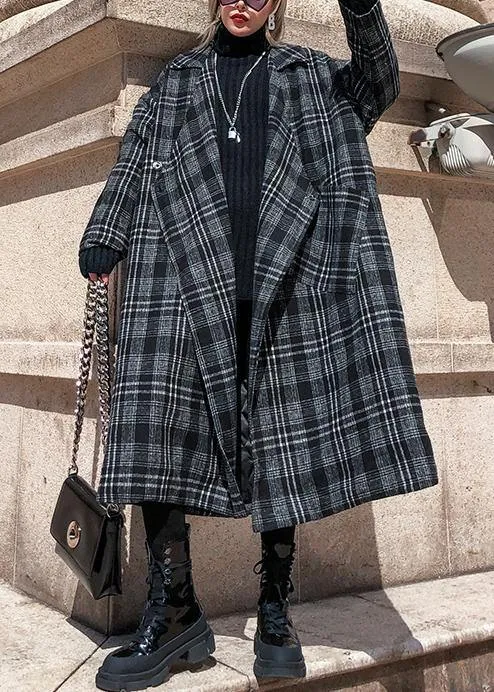 Elegant gray plaid Woolen Coat Women plus size Notched pockets long coats