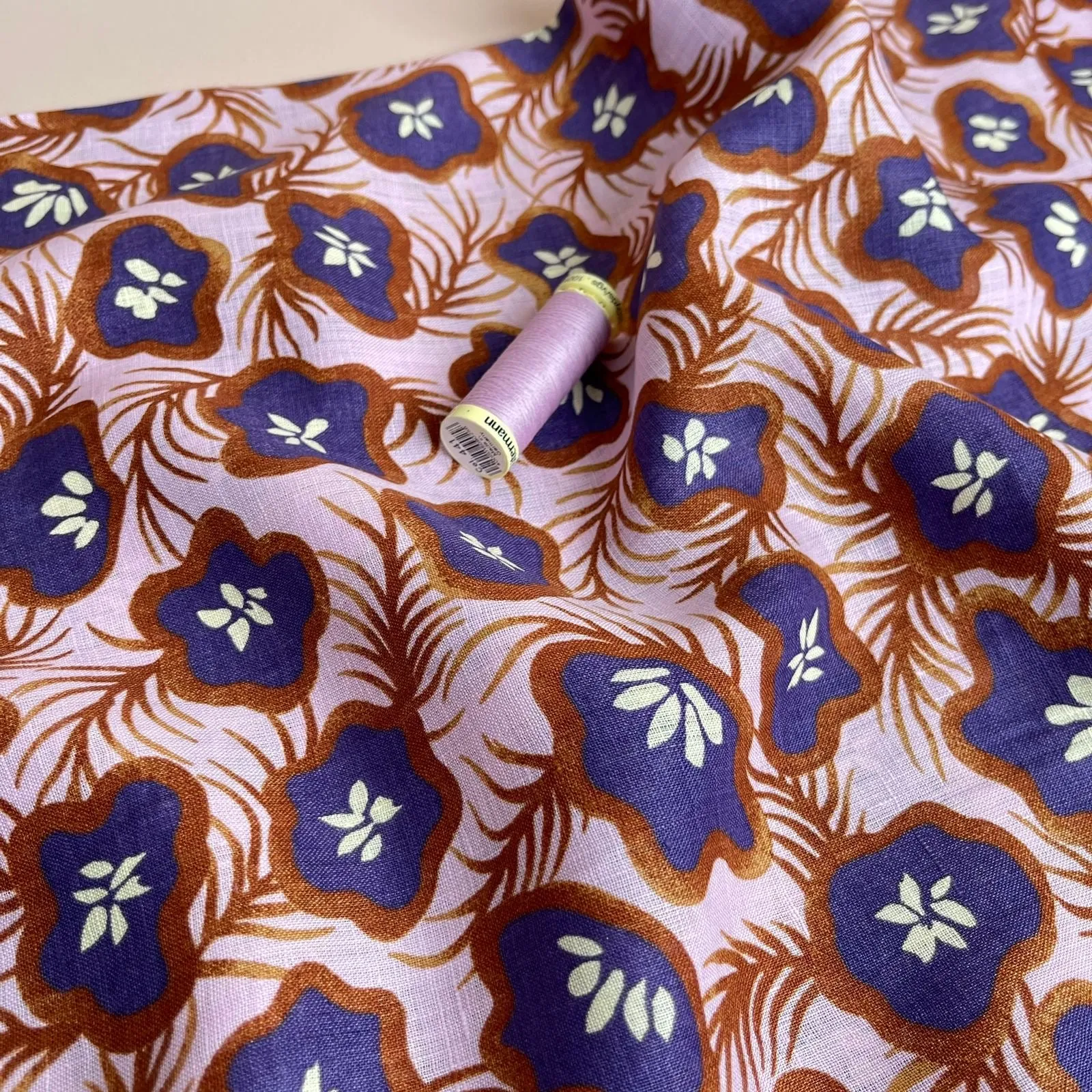 Ex-Designer Deadstock Tropical Fruits on Lilac Pure Linen Fabric