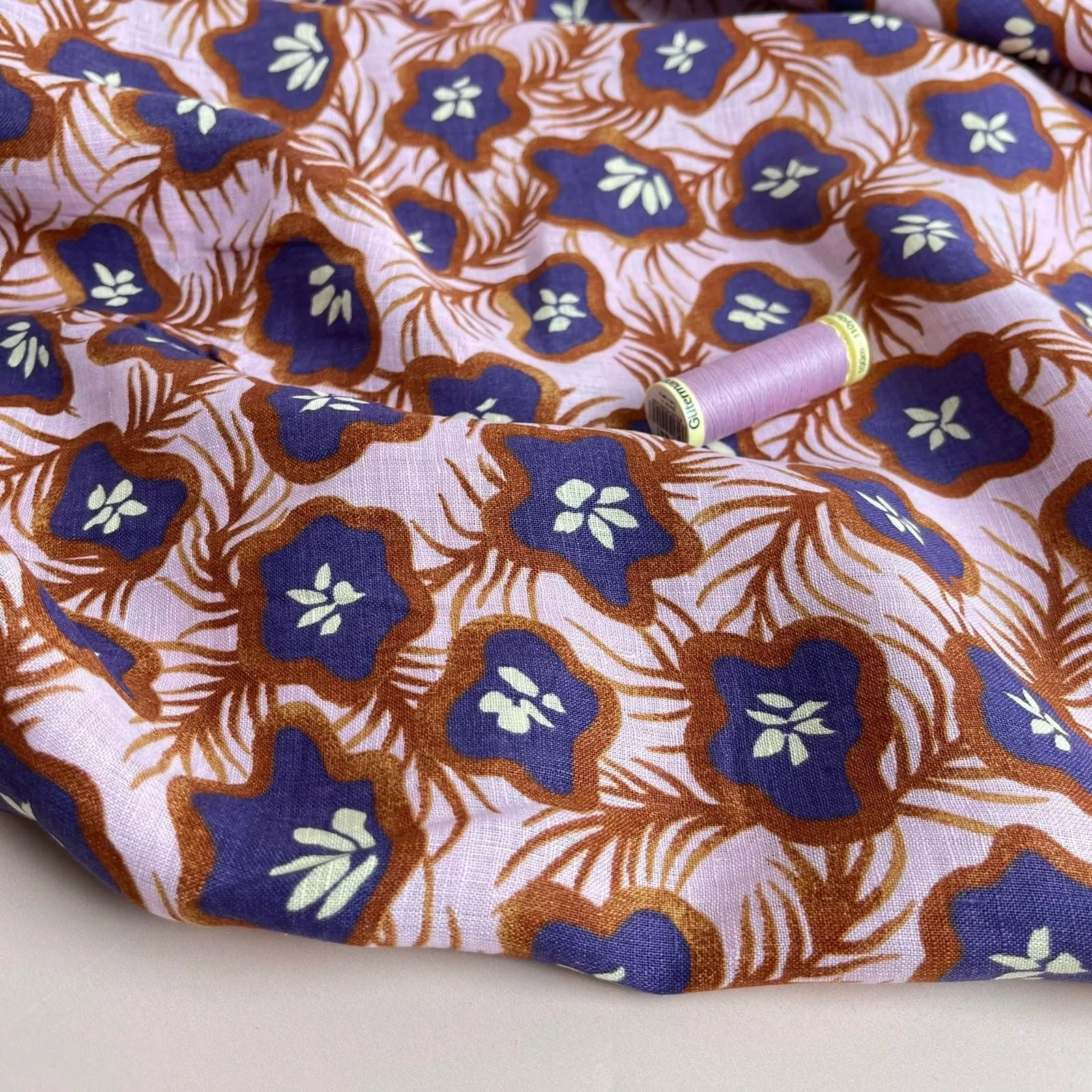 Ex-Designer Deadstock Tropical Fruits on Lilac Pure Linen Fabric