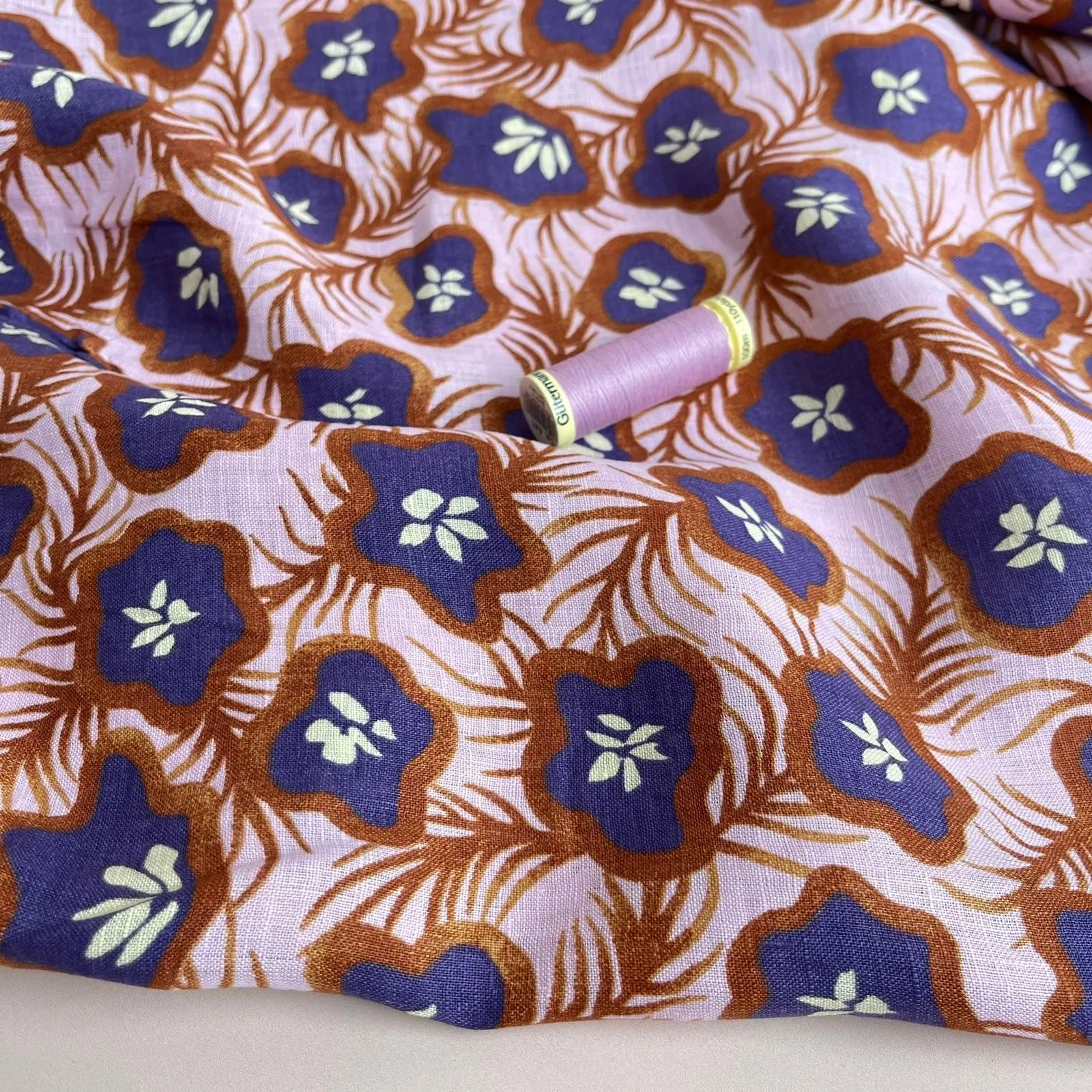 Ex-Designer Deadstock Tropical Fruits on Lilac Pure Linen Fabric