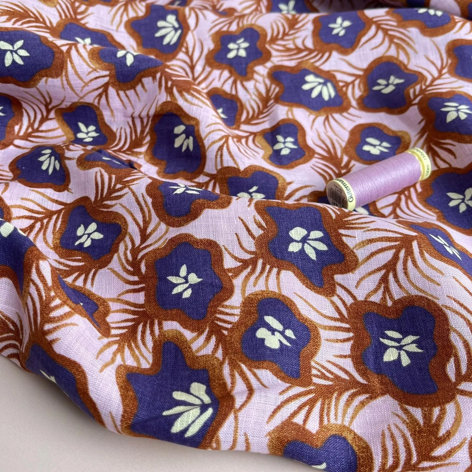 Ex-Designer Deadstock Tropical Fruits on Lilac Pure Linen Fabric