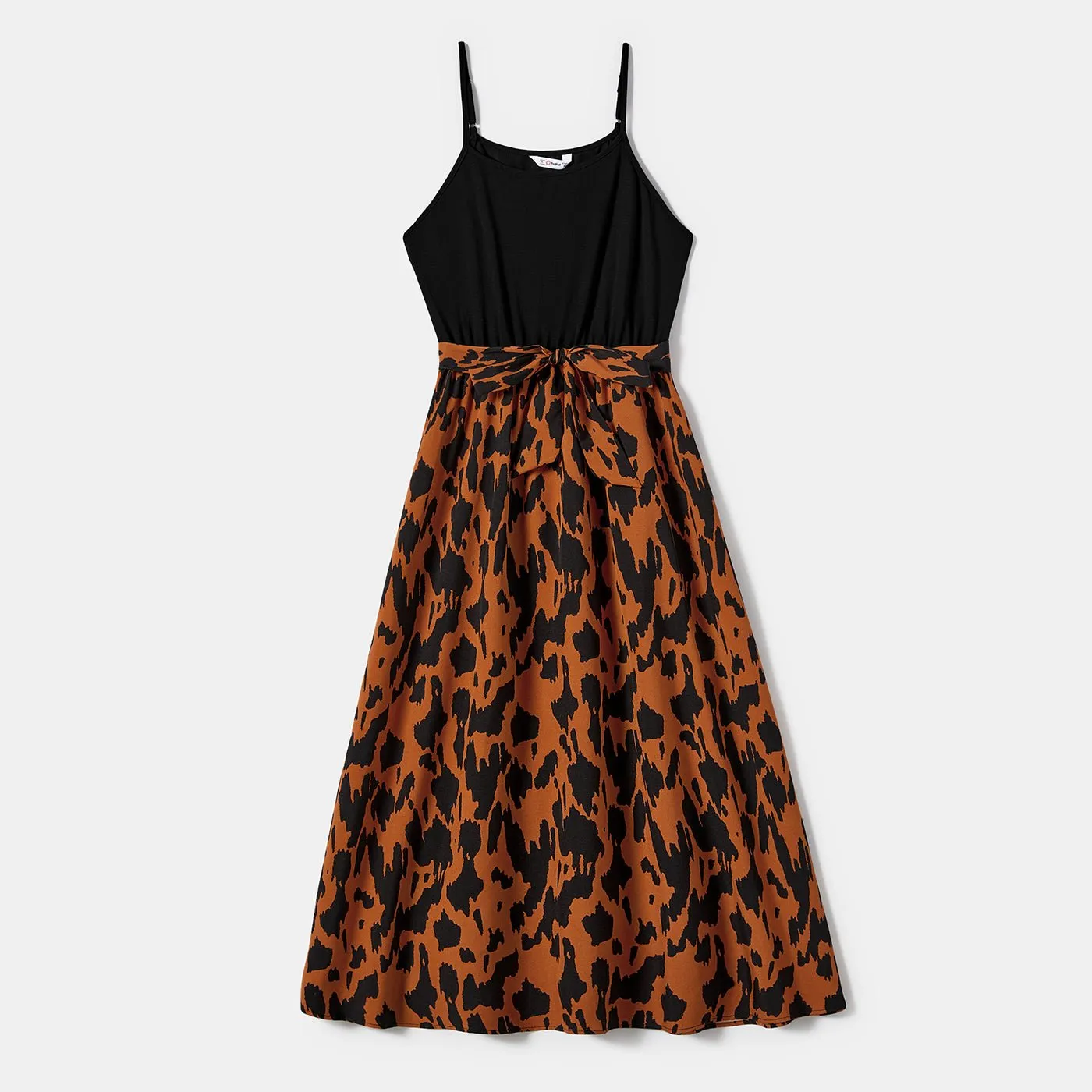 Family Matching Leopard Panel Belted Cami Dresses and Short-sleeve Tops Sets