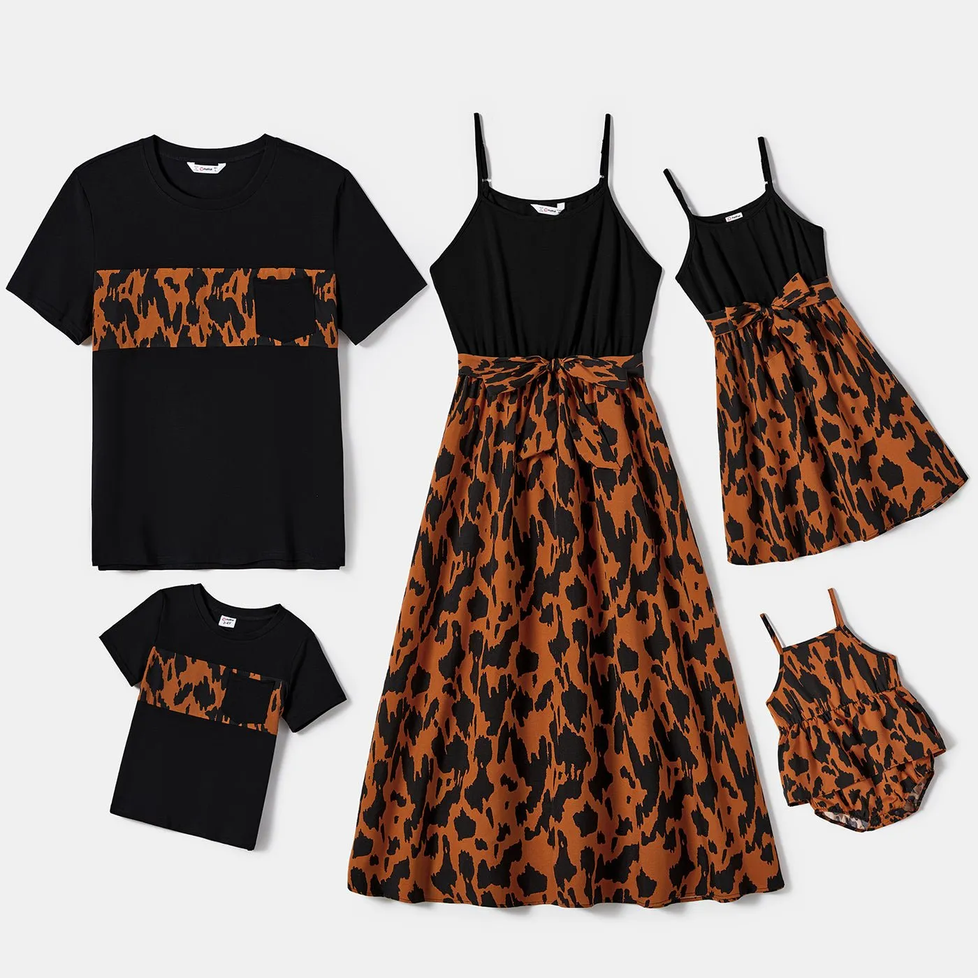 Family Matching Leopard Panel Belted Cami Dresses and Short-sleeve Tops Sets