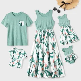 Family Matching Plant Print Panel Ruffle Hem Tank Dresses and Short-sleeve T-shirts Sets