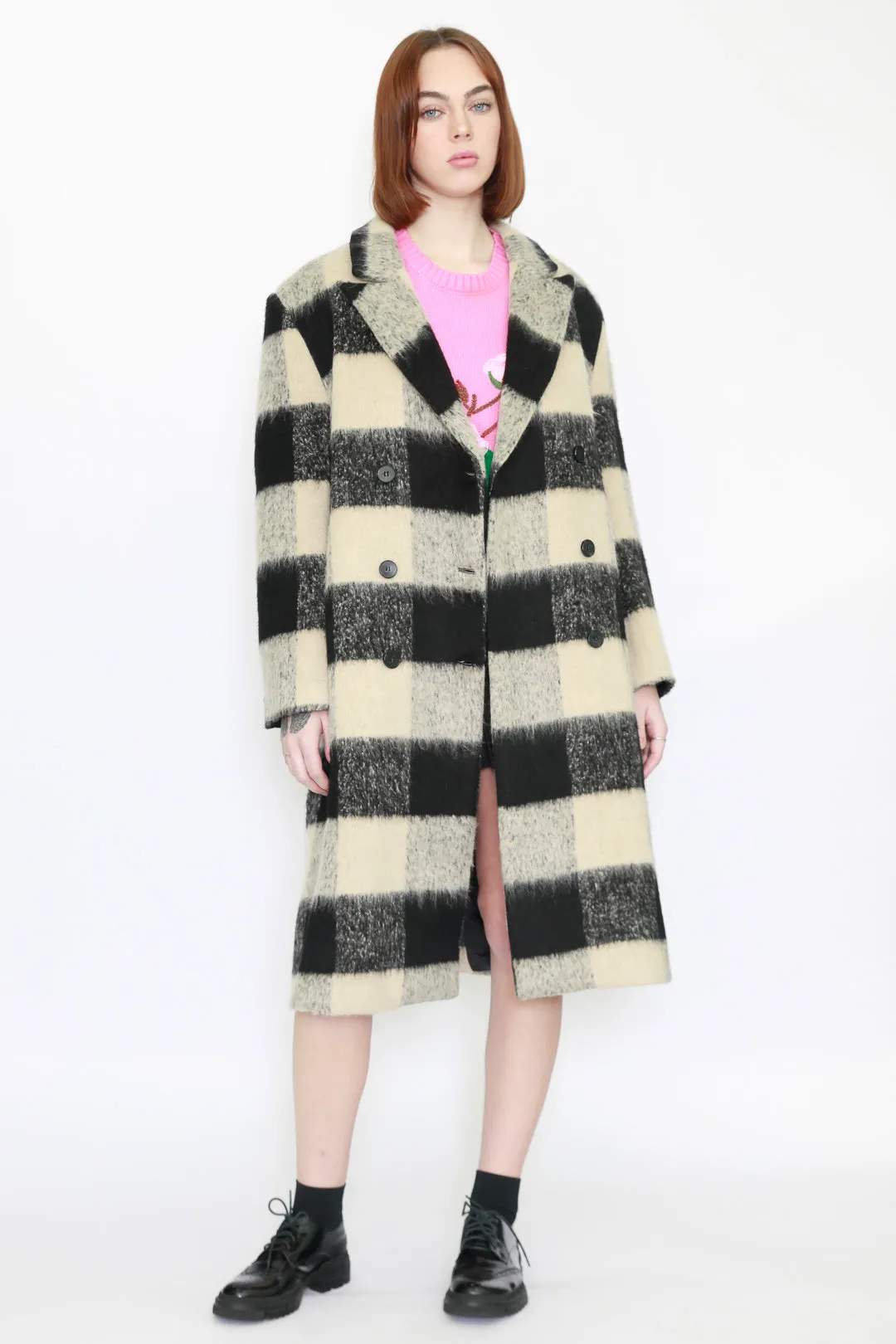 Heavy Wool Black White Plaid Coat