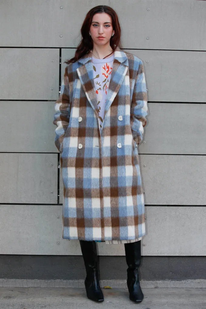 Heavy Wool Blue Brown Plaid Coat