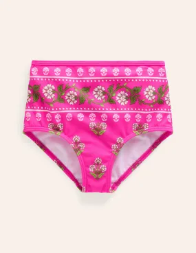 High Waisted Bikini Bottoms-Pink Small Woodblock