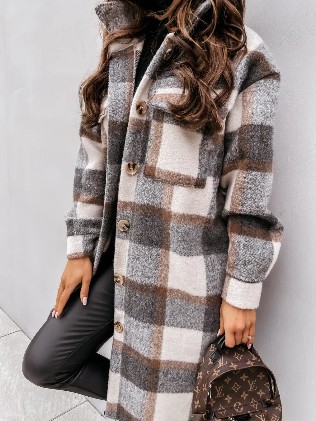 Knee Length Plaid Woolen Jacket Sweater