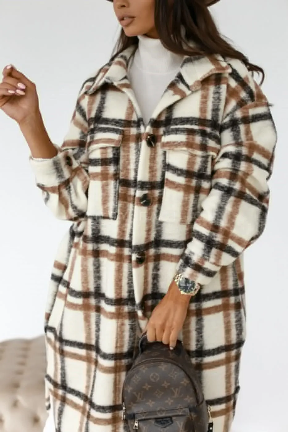 Knee Length Plaid Woolen Jacket Sweater