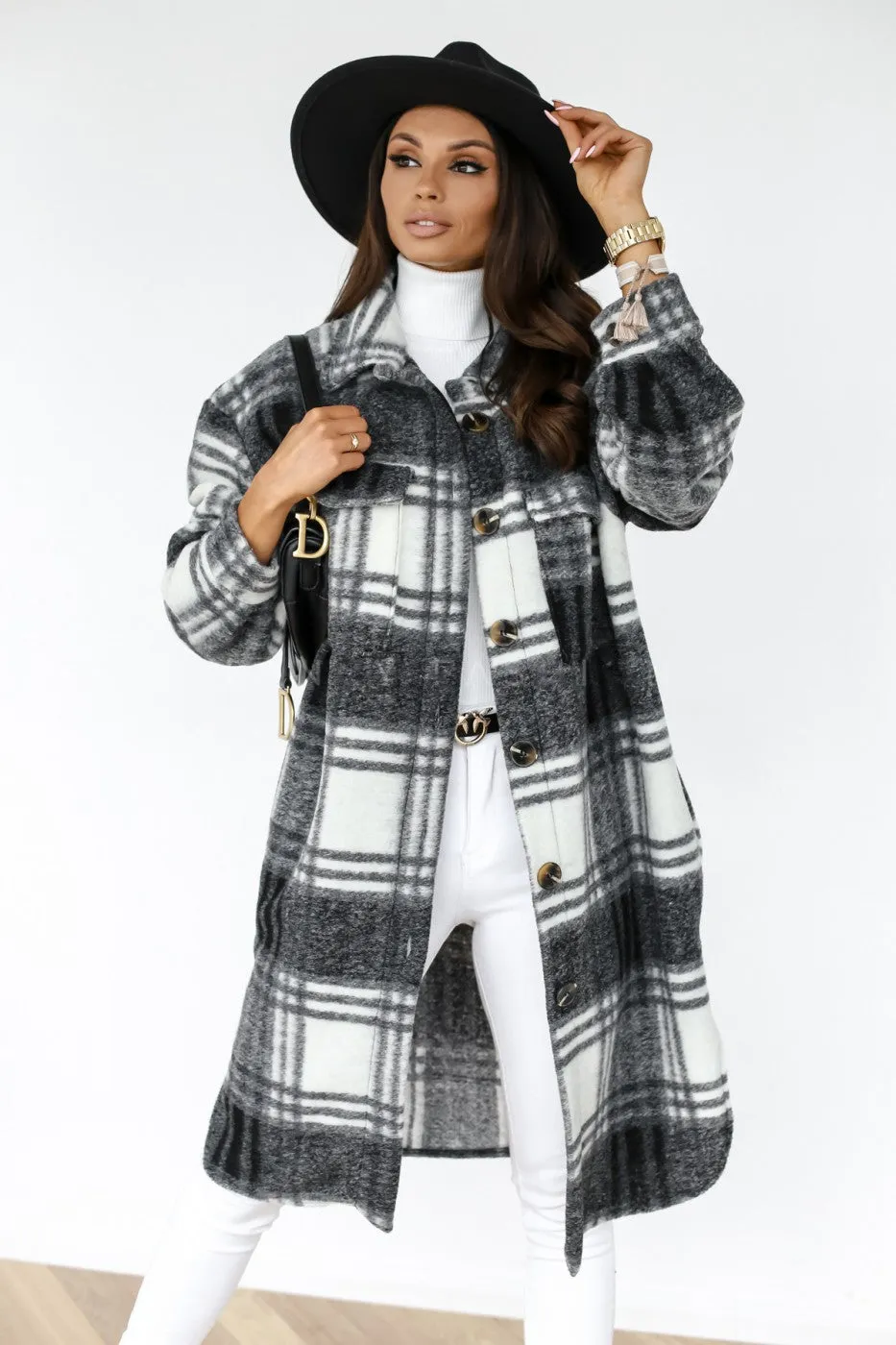 Knee Length Plaid Woolen Jacket Sweater