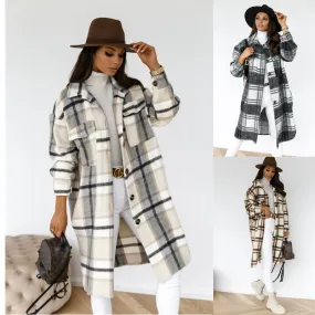 Knee Length Plaid Woolen Jacket Sweater