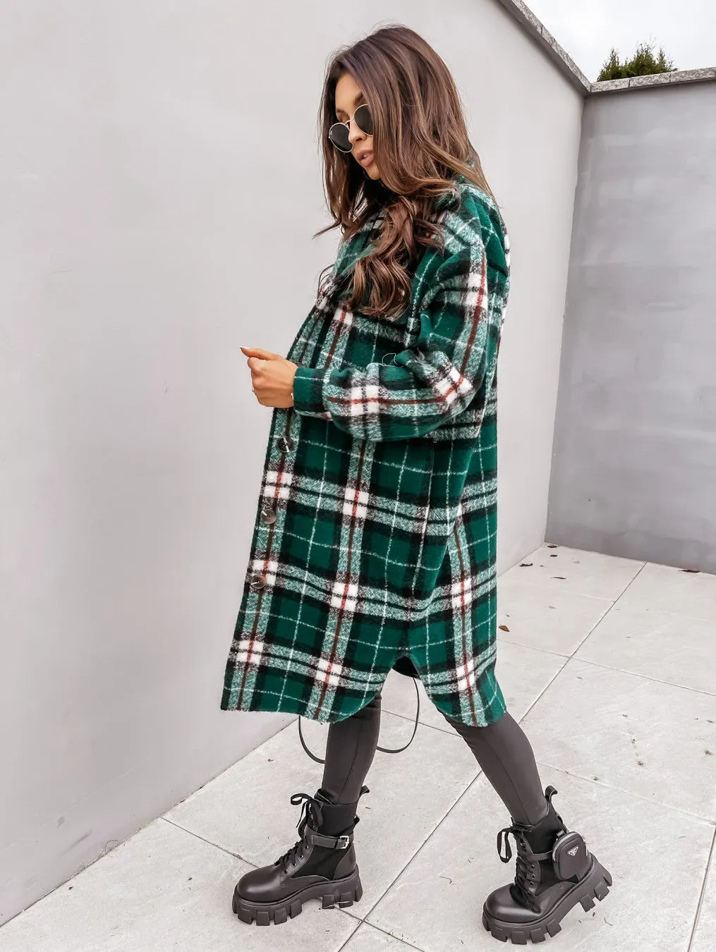 Knee Length Plaid Woolen Jacket Sweater