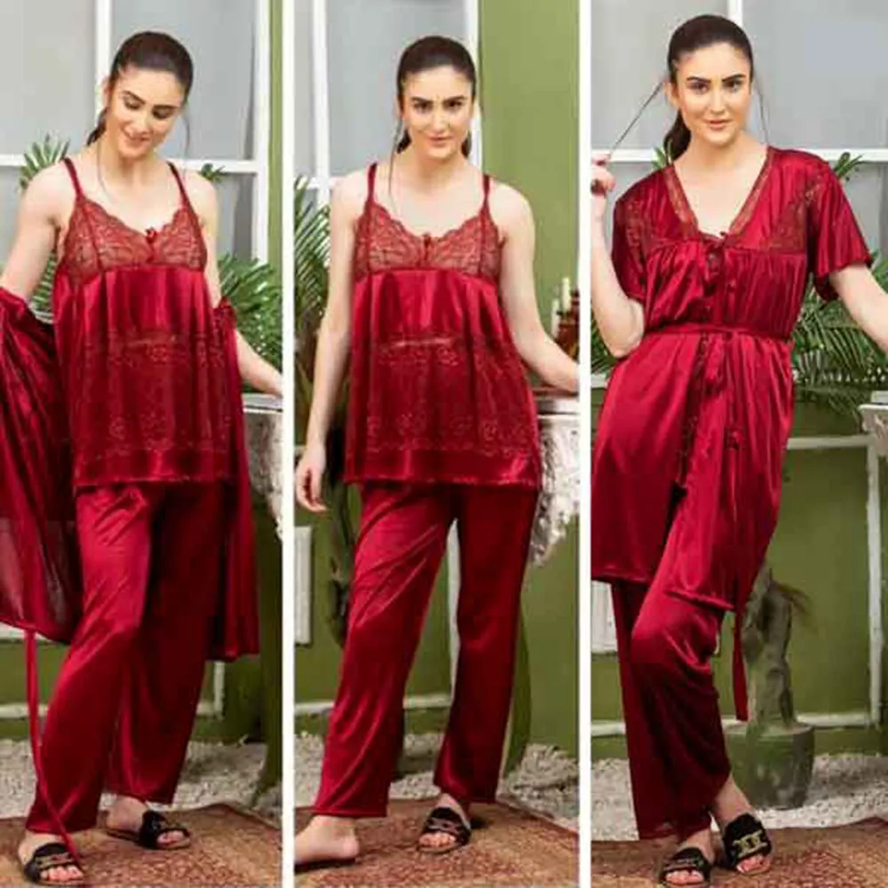 Luxury Bridal 3-Piece Stylish Gown Nighty Set - Red