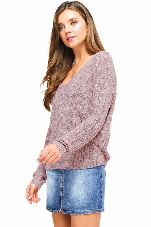 Mauve Knit Long Sleeve V Neck Knotted Sweater