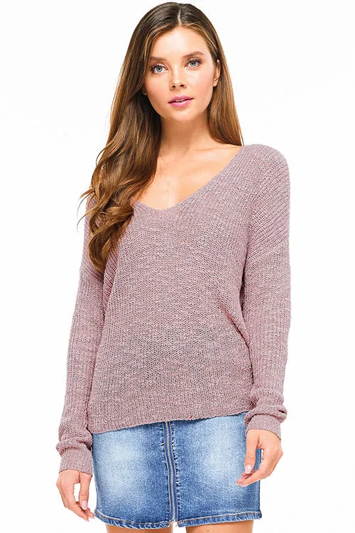 Mauve Knit Long Sleeve V Neck Knotted Sweater