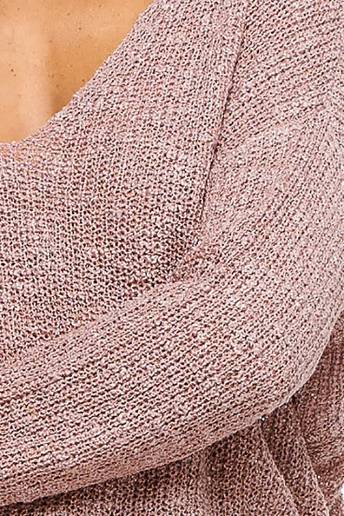 Mauve Knit Long Sleeve V Neck Knotted Sweater