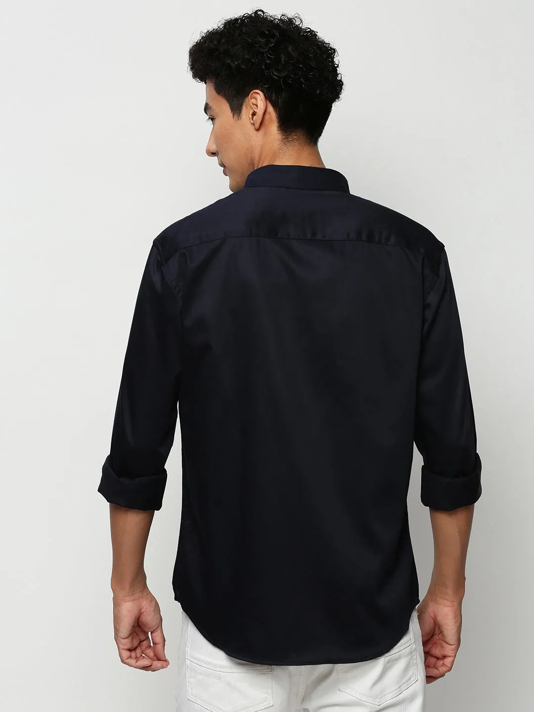 Men Navy Solid Casual Casual Shirts