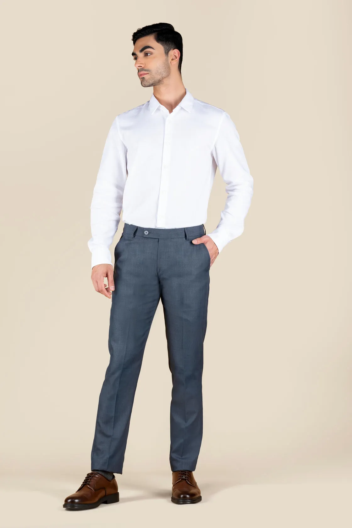 Men's Blue Slim Fit Non Stretch Formal Trouser With Flat Front