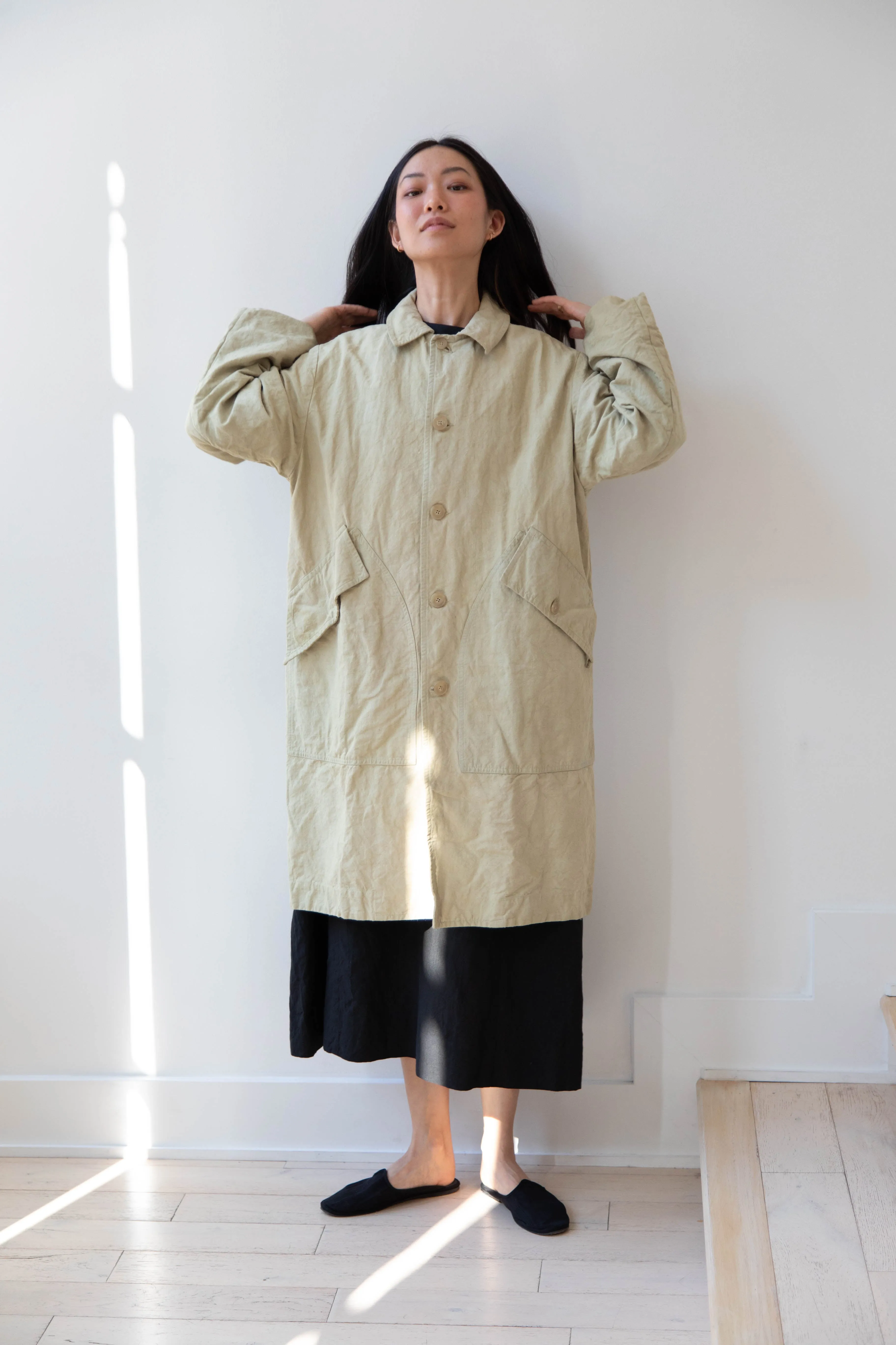 Oliver Church | Big Coat in Olive Antique French Linen Cotton