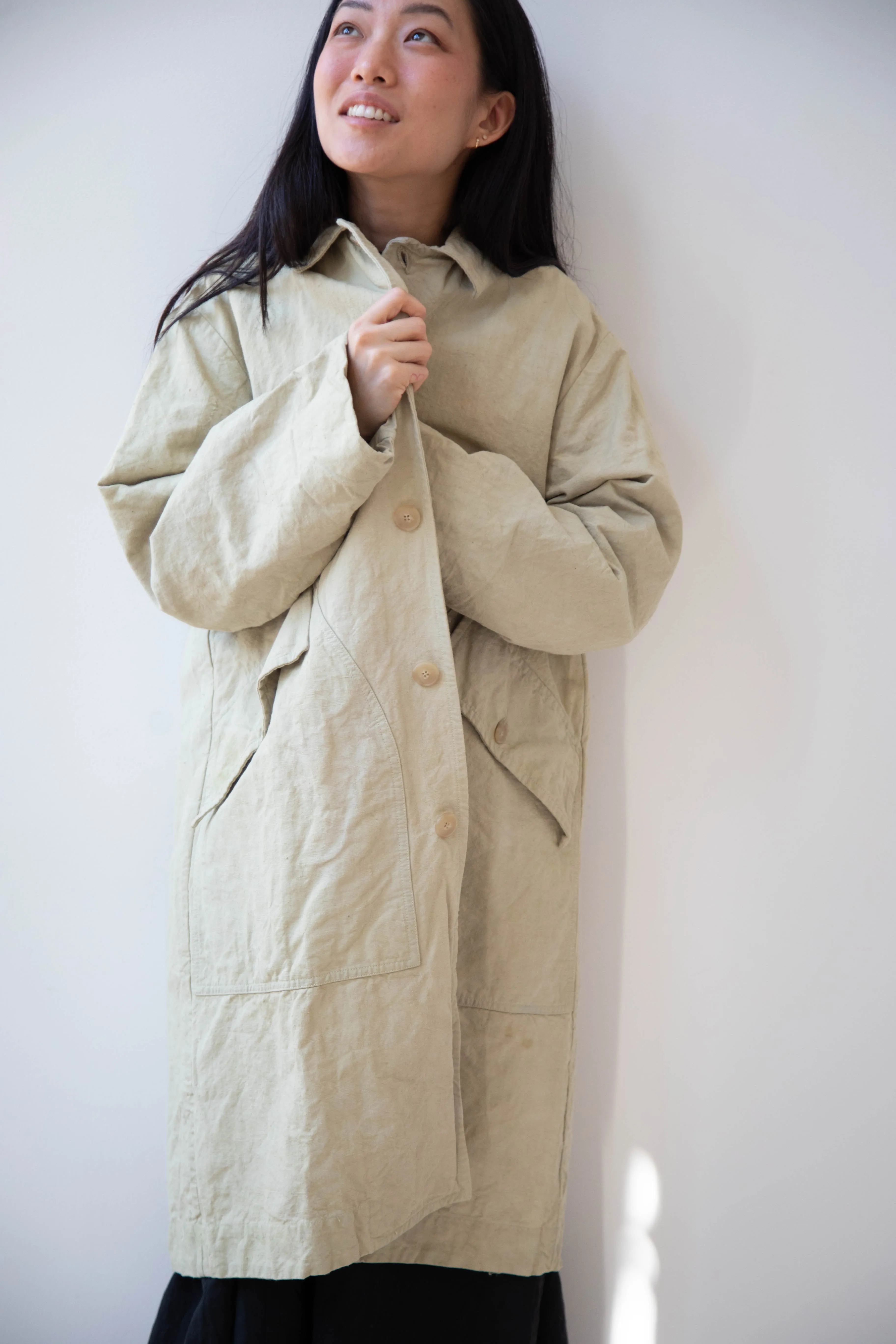 Oliver Church | Big Coat in Olive Antique French Linen Cotton