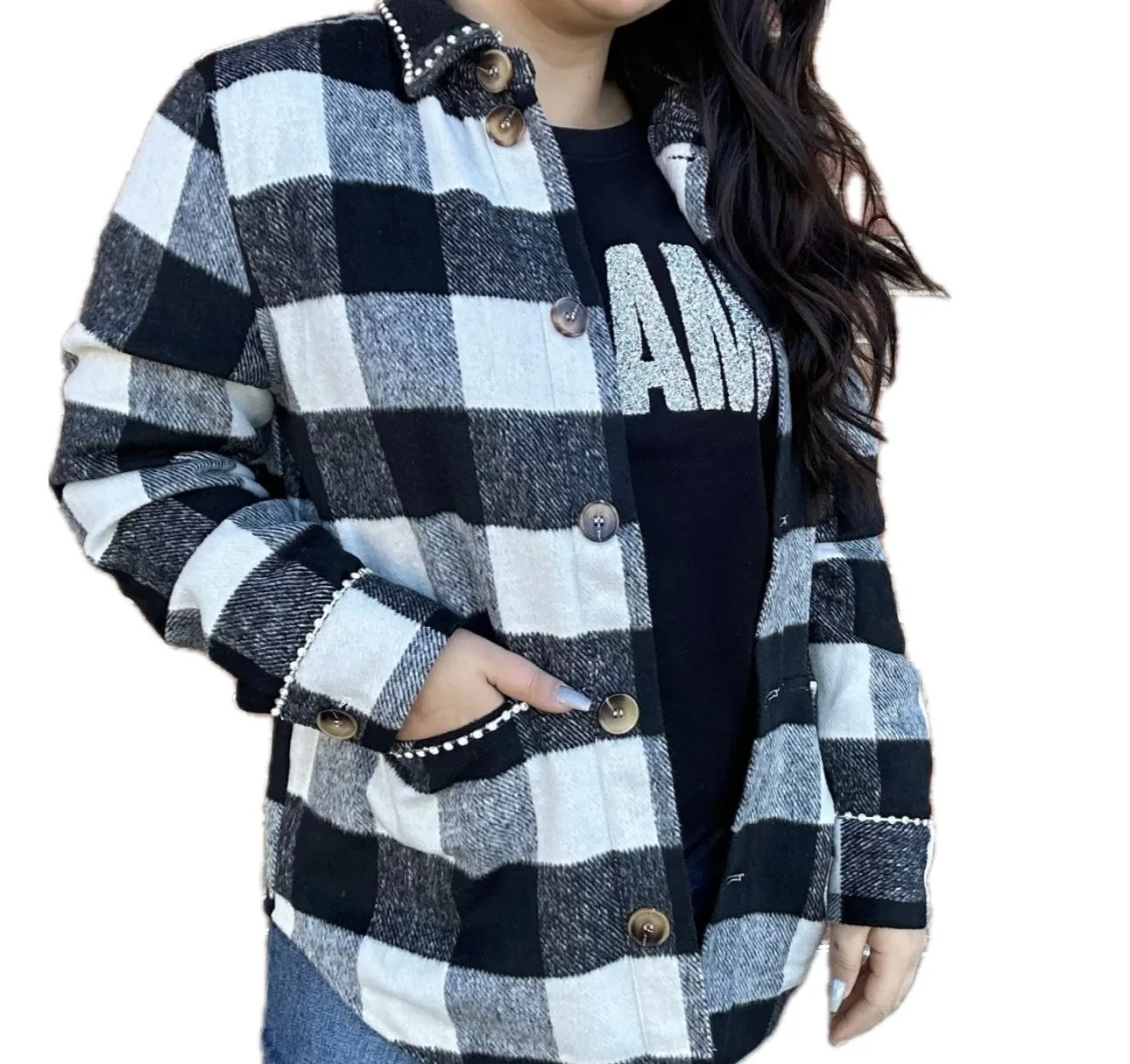 #P810 Comfy Plaid Rhinestone Jacket