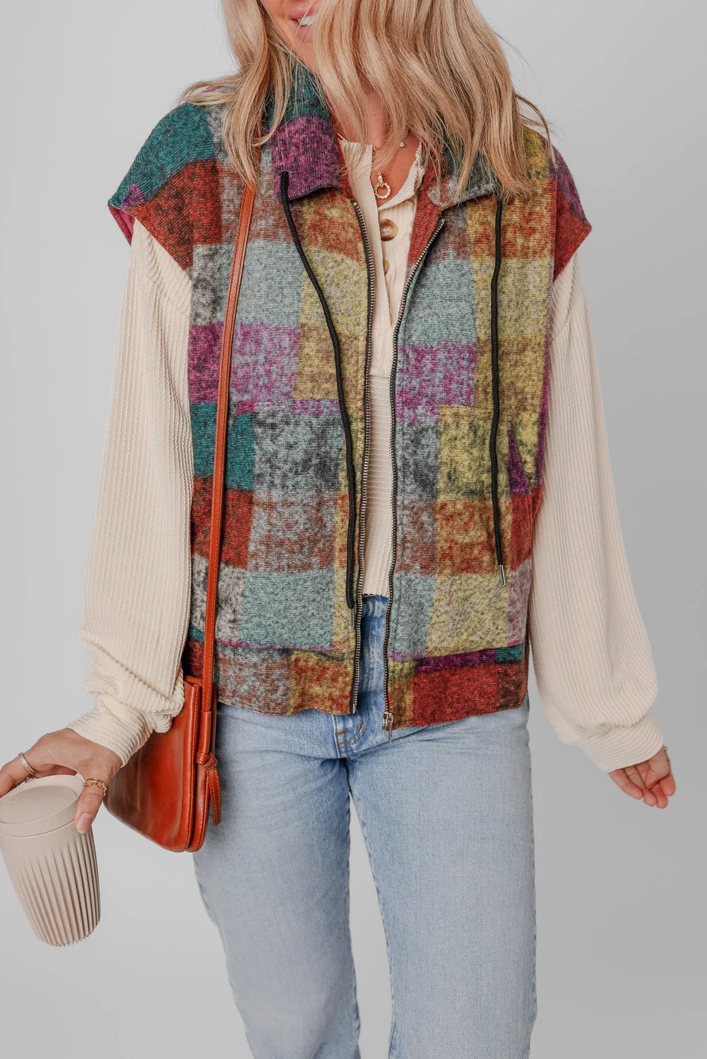 Plaid Print Side Pockets Zipped Loose Vest