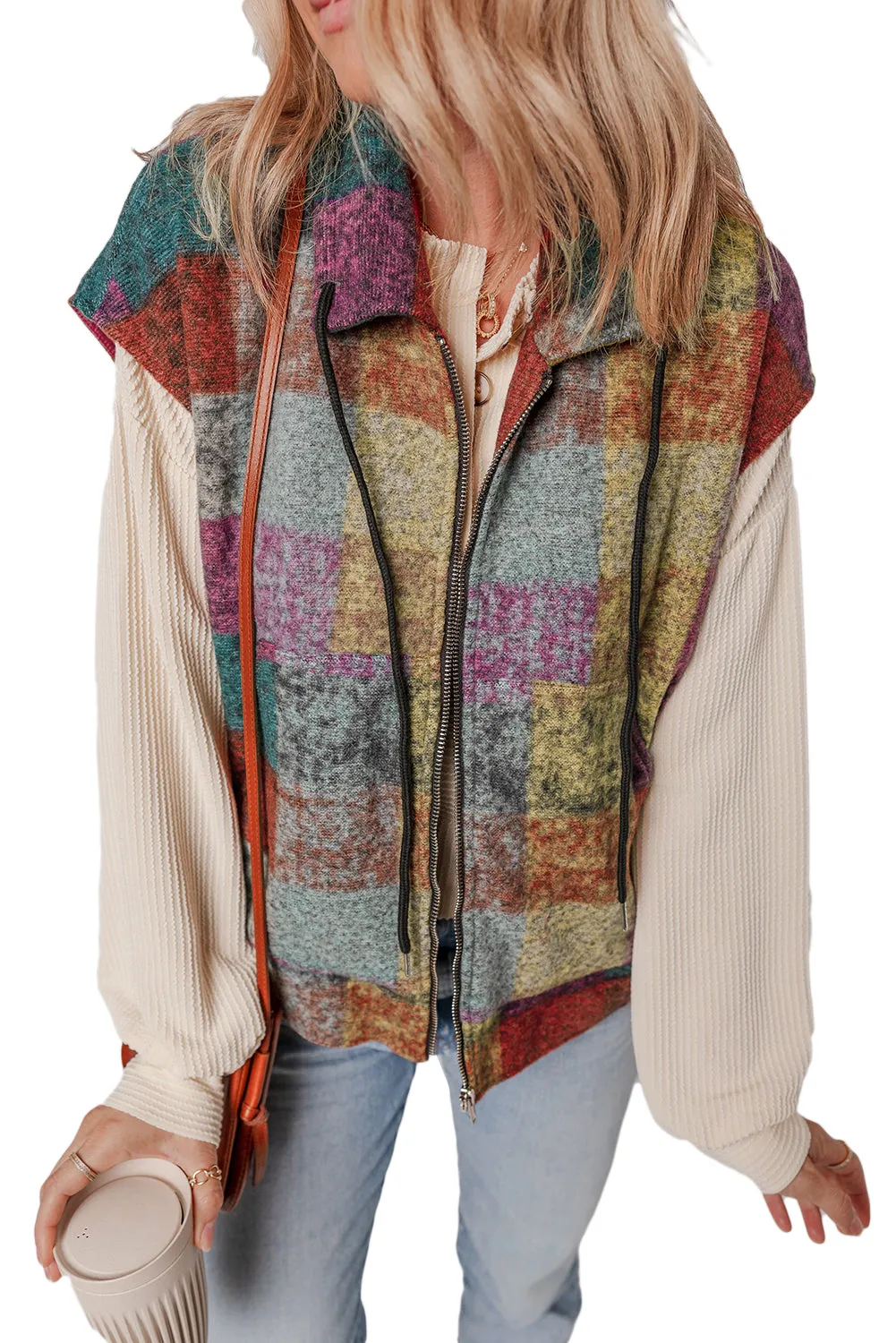 Plaid Print Side Pockets Zipped Loose Vest