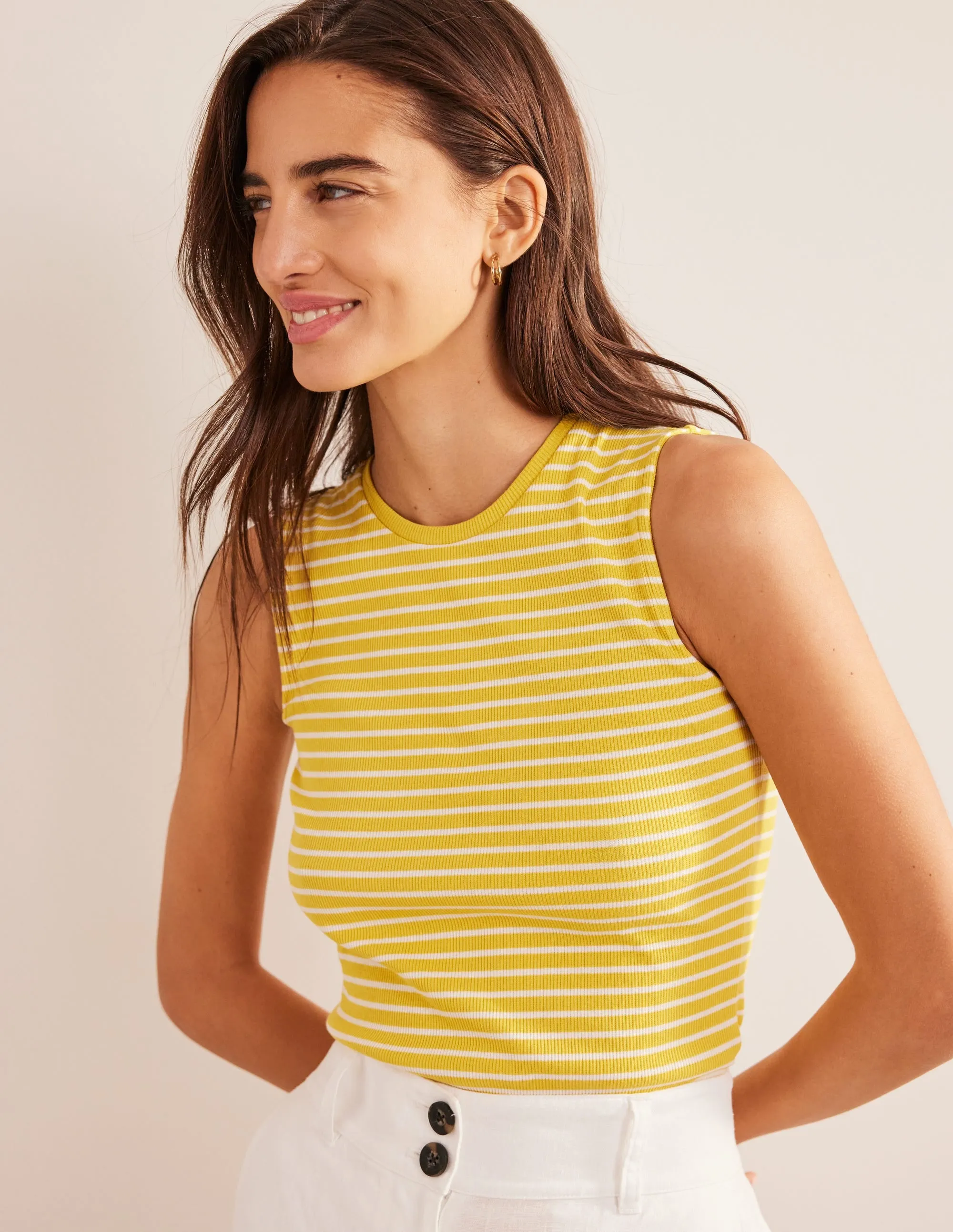 Striped Ribbed Tank Top-Yellow/Ivory