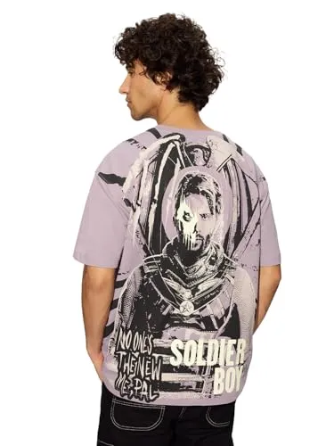 The Souled Store Official The Boys: Soldier Boy Men and Boys Short Sleeves Round Neck Purple Graphic Printed Cotton Oversized T-Shirts