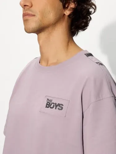 The Souled Store Official The Boys: Soldier Boy Men and Boys Short Sleeves Round Neck Purple Graphic Printed Cotton Oversized T-Shirts