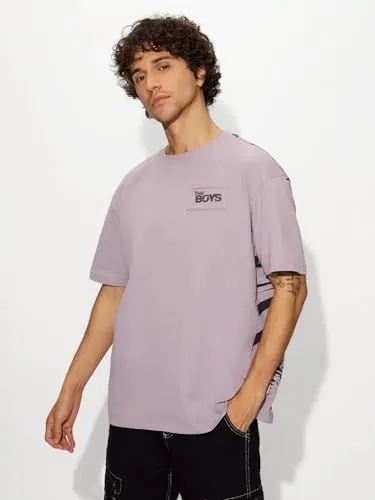 The Souled Store Official The Boys: Soldier Boy Men and Boys Short Sleeves Round Neck Purple Graphic Printed Cotton Oversized T-Shirts