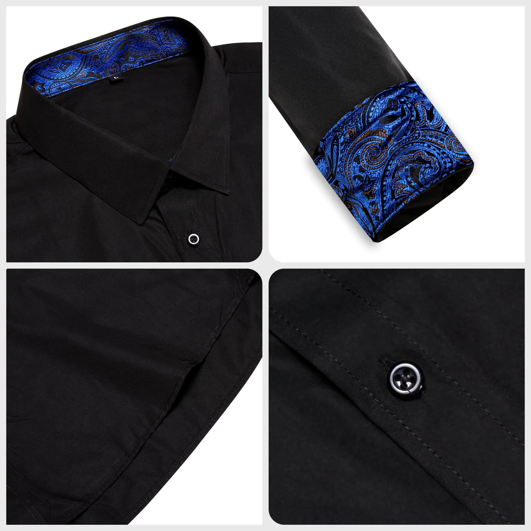 Ties2you Business Shirts Black Solid Splicing Blue Paisley Silk Mens Button Up Long Sleeve Shirts