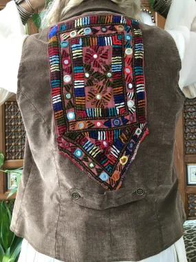 Up-cycled, One-Of-A-Kind, Light Brown Corduroy, Vintage Banjara Textile Waistcoat