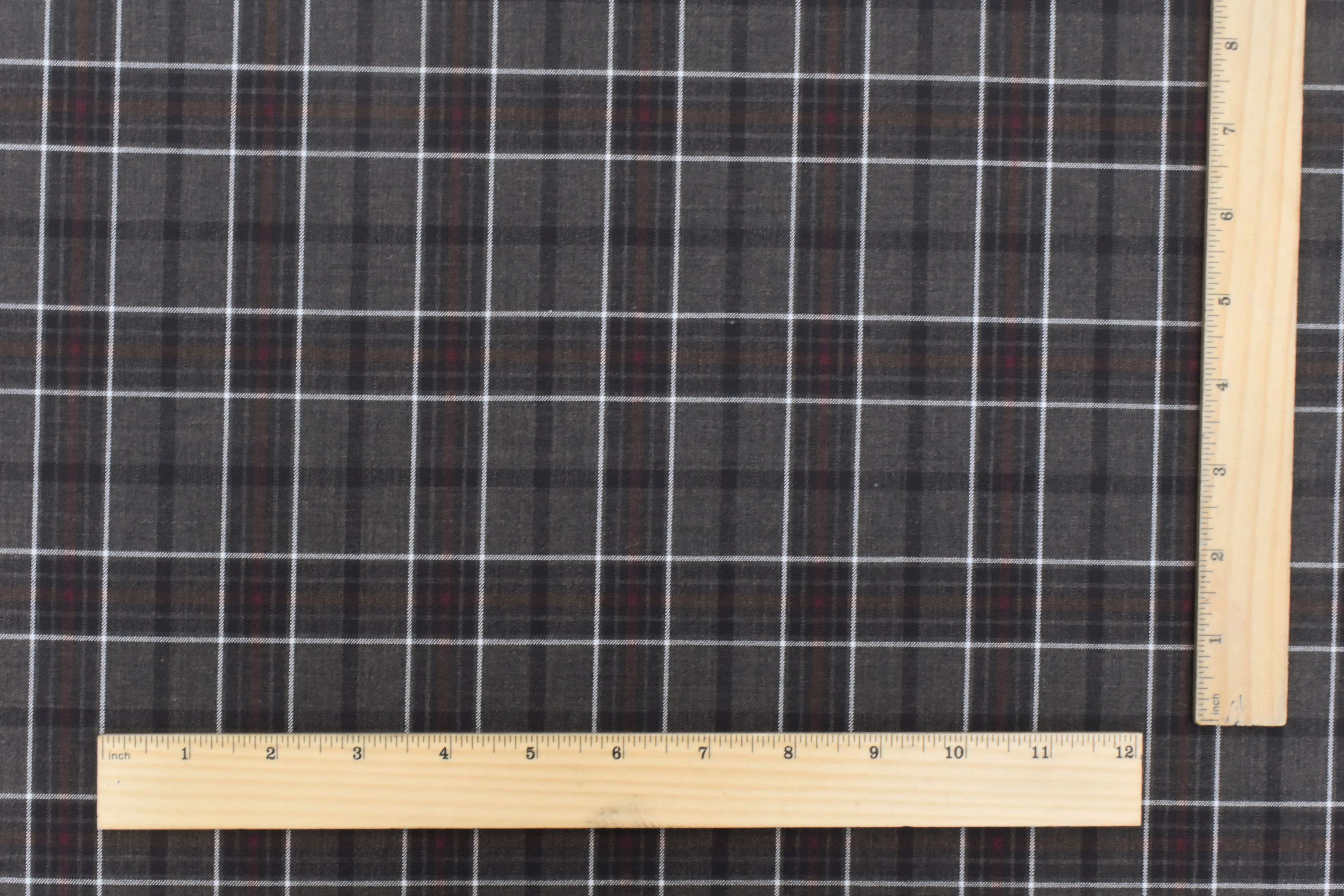 Warm Gray-Red-Multi Plaid Wool-Poly Woven Suiting Fabric