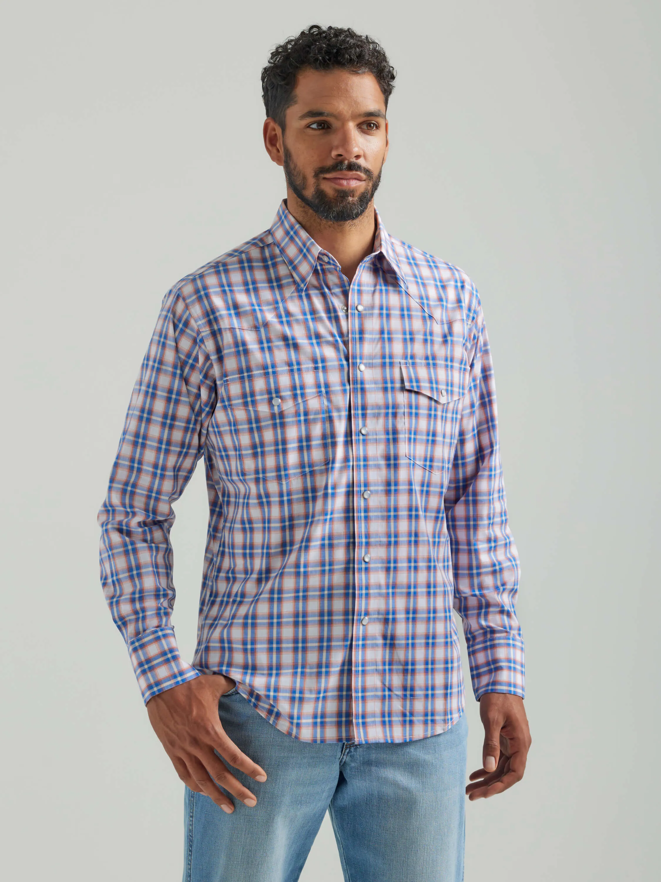 Wrangler | Wrinkle Resist Orange and Blue Plaid LS Snap Shirt